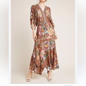 FARM RIO For Anthropologie Floral Print Brown Maxi Dress